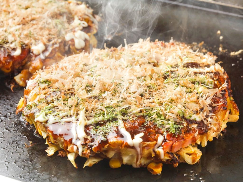 okonomiyaki with full topping spread